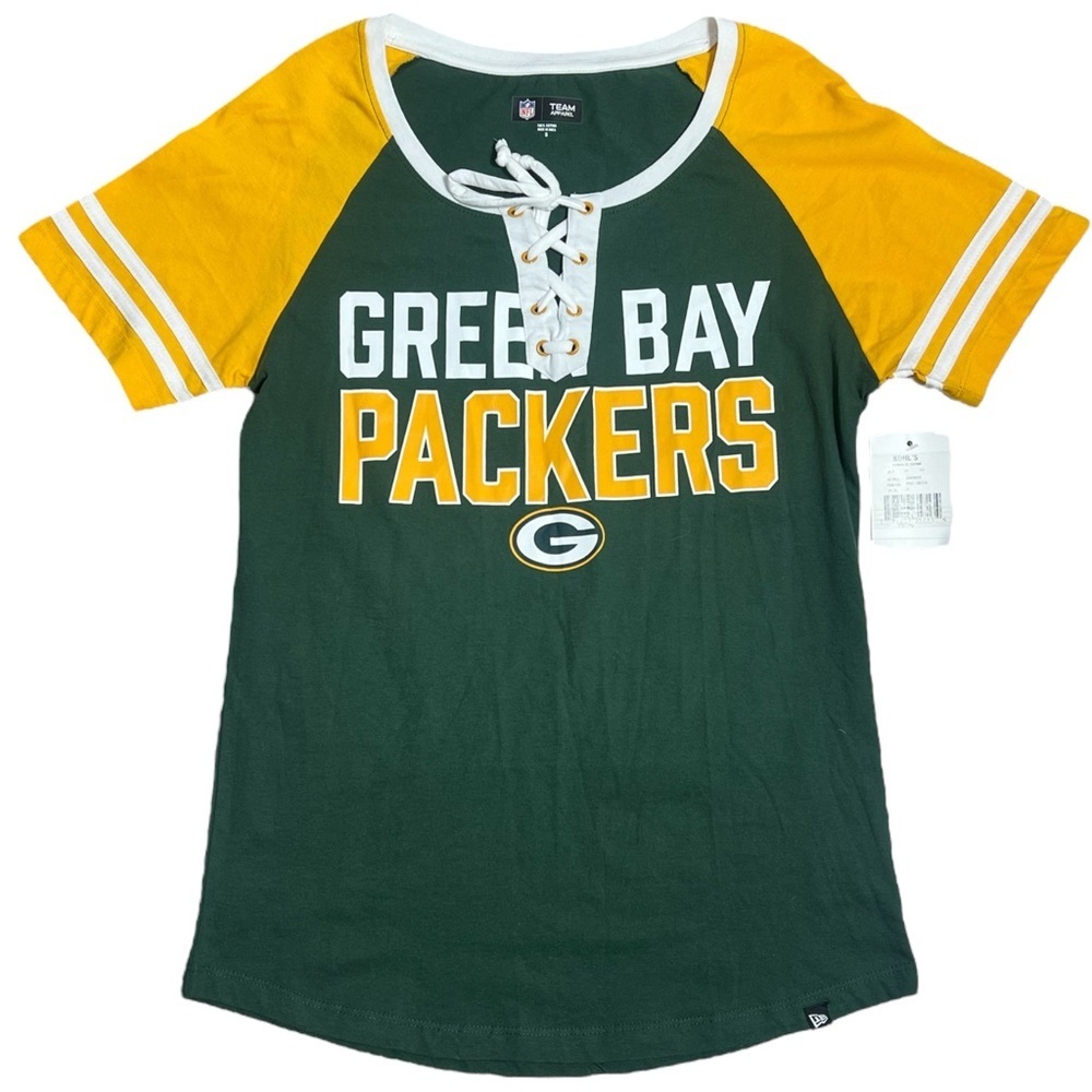 GREEN BAY PACKERS WOMENS GREEN GOLD LACE UP SHORT SLEEVE T-SHIRT SIZE SMALL